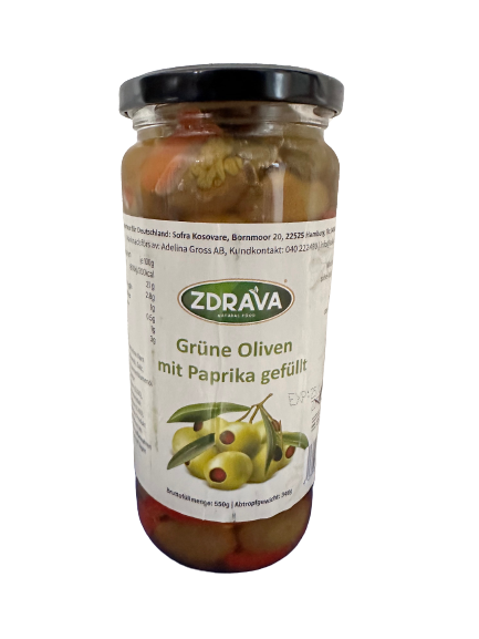 Zdrava grüne Oliven mit Olivenöl und Paprika 550g Angebot
