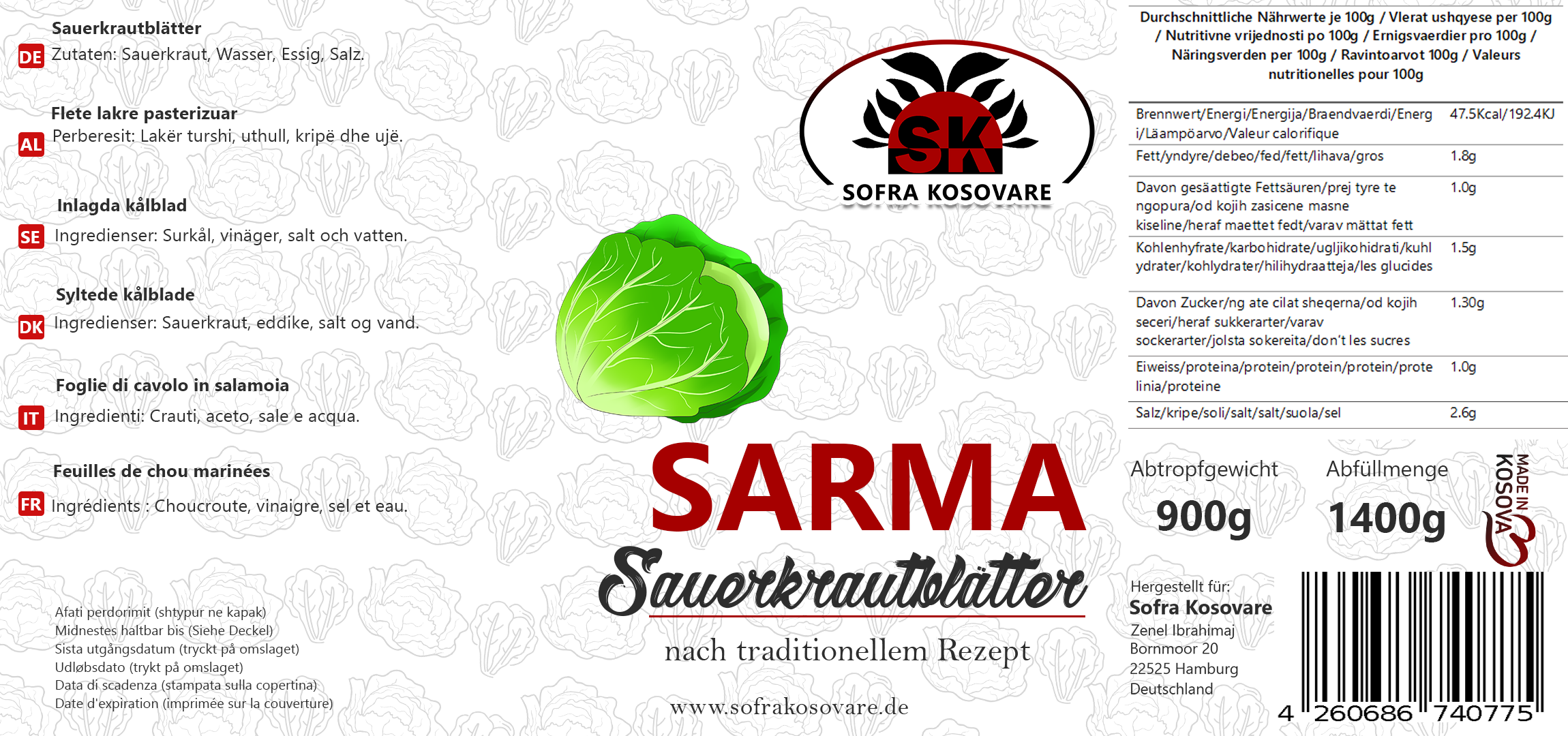 SK Sarma Sauerkrautblätter 1500g Glas Tegull